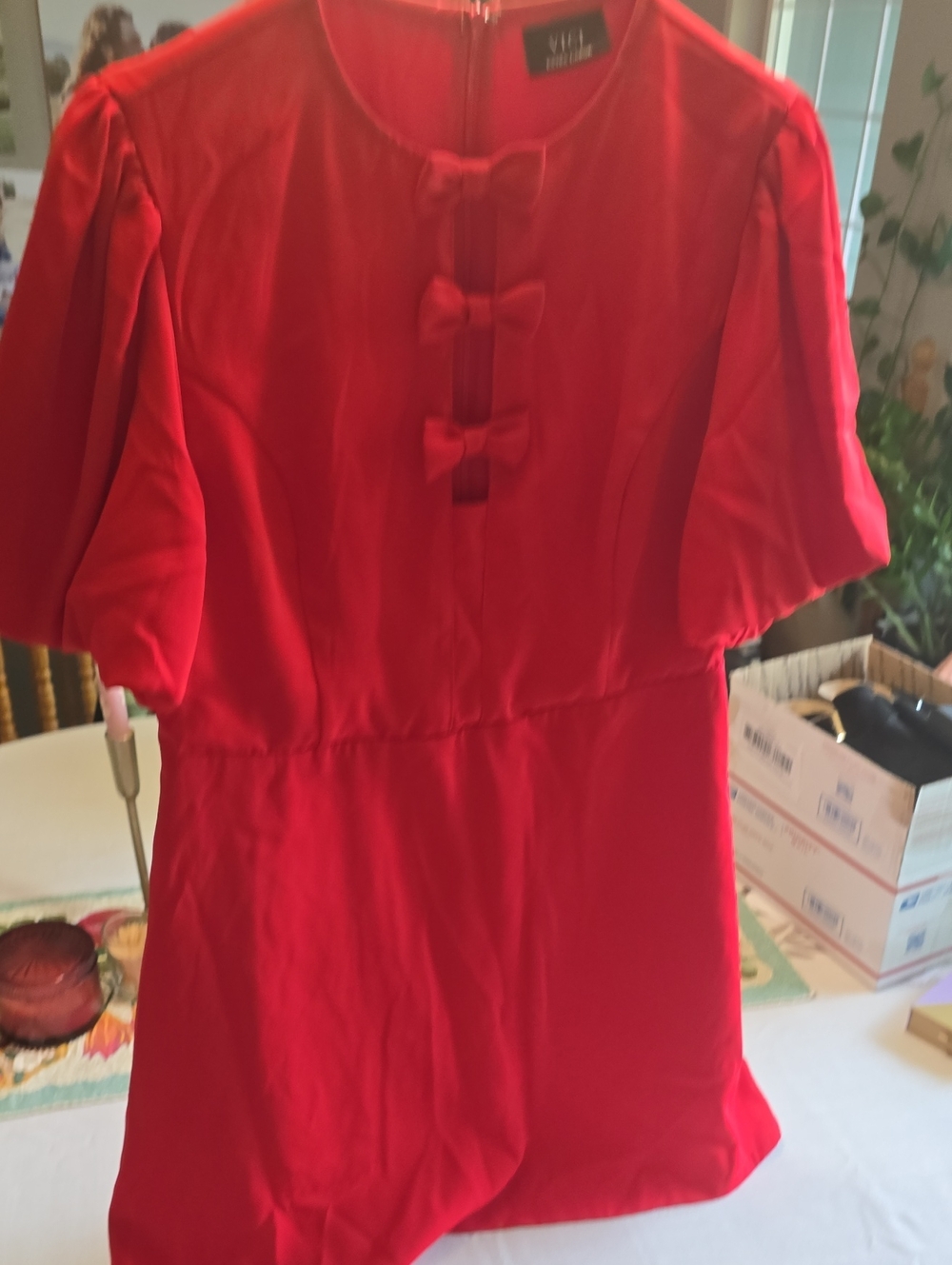 VICI Bright Red Bow-Accent Puff Sleeve Mini Dress